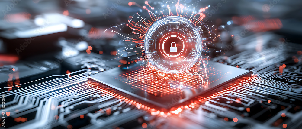 Poster cybersecurity action protecting data integrity in technology environments with digital security visu