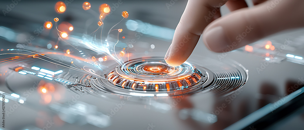 Poster touching the future interactive technology innovation modern workspace digital art tech environment 