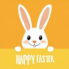 Fototapeta premium Cute cartoon Easter bunny with Happy Easter text on yellow background. AI generated image