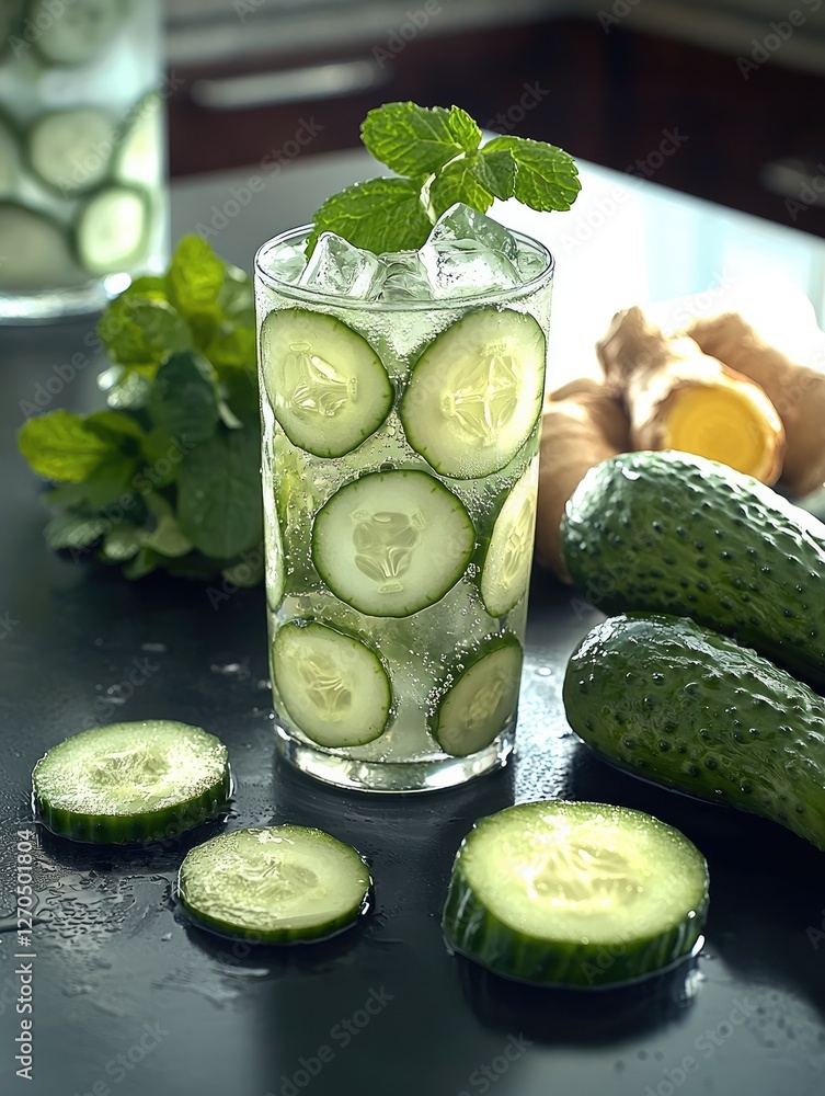 Poster fresh cucumber and ginger energy drink recipe, showcasing a refreshing green beverage in a tall glas