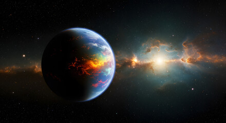 Fototapeta premium A vibrant, colorful planet in space, surrounded by a nebula and stars. The planet features fiery orange and red patches, contrasting with its blue and green surface.