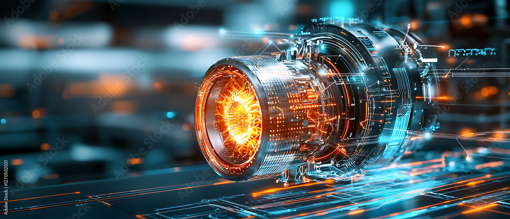 Poster futuristic engine design technology lab digital art high-tech environment close-up view innovative c