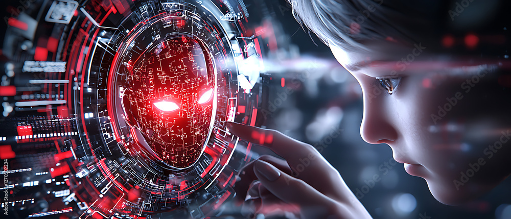 Poster futuristic interaction between child and ai digital realm concept art sci-fi environment close-up vi