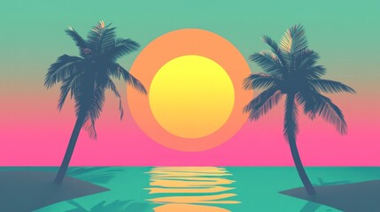 Obraz premium Tropical sunset beach scene, palm trees, ocean, design