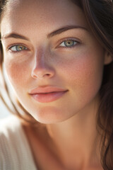 Fototapeta premium Freckled woman smiling gently in golden hour sunlight 