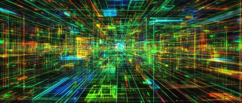 Dynamic cybernetic city with layered holographic projections and neon-lit grid patterns, tailored for virtual reality simulations, tech product launches, and sci-fi book cover designs.