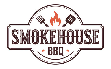 Smokehouse BBQ logo with stylized flame and grilling tools in circular design