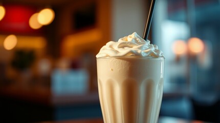 Classic vanilla milkshake in elegant glass with whipped cream and warm bokeh background