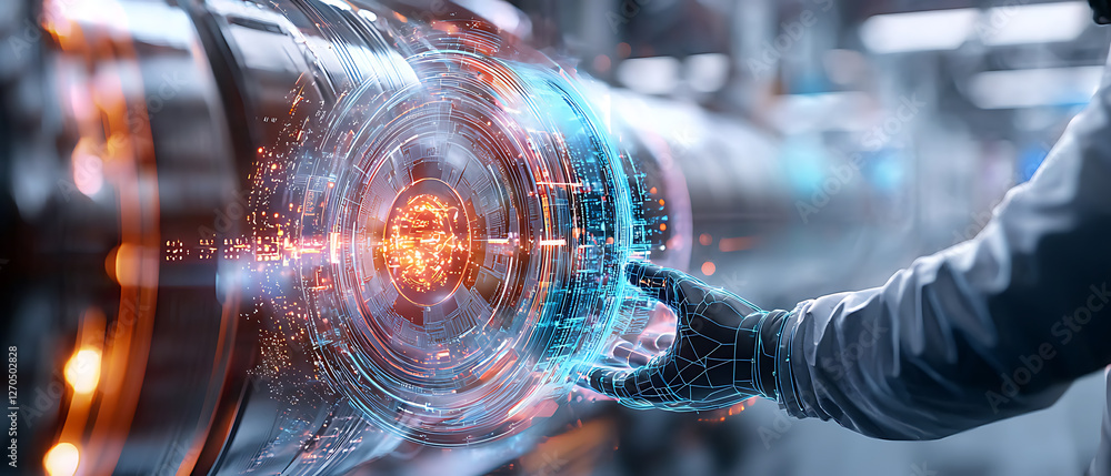 Poster innovative technology interaction industrial setting digital interface high-tech environment close-u