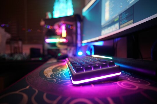 Vibrant gaming setup with backlit keyboard