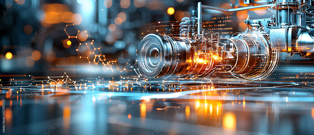 Poster innovative machinery operation high-tech workshop digital animation futuristic environment close-up 