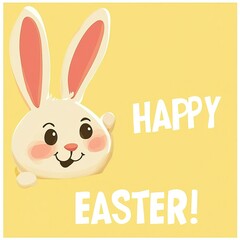 Fototapeta premium Cute cartoon Easter bunny with Happy Easter text on yellow background. AI generated image