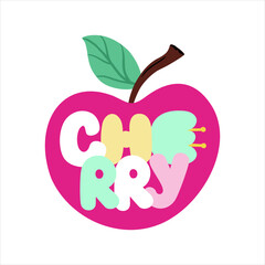 Cute cartoon text cherry into a berry. Bold kids letters cherry berry. Logo, sticker. Vector illustration in a white background.