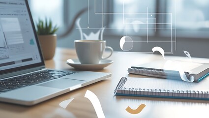 A modern workspace with a laptop, coffee cup, and notebook, overlaid with soft abstract shapes, creating a productive and welcoming feel for business and remote work themes.