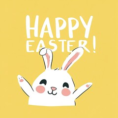 Obraz premium Cute cartoon Easter bunny with Happy Easter text on yellow background. AI generated image