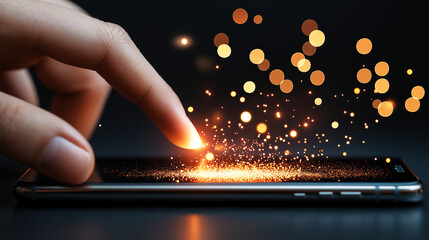 Fingertip touching smartphone screen with glowing orange sparks