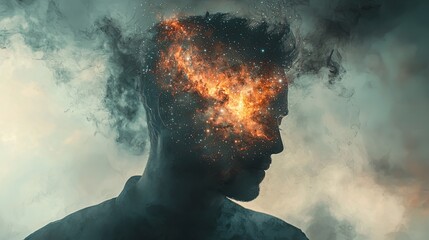 Surreal Concept of Human Mind Merged with Cosmic Universe Imagery