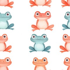 Naklejka premium Seamless illustration of watercolor animals. A playful pattern featuring colorful cartoon frogs in various poses, ideal for children's decor or playful designs.