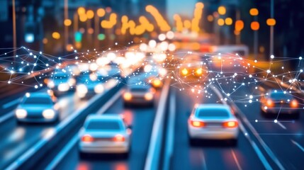 Connected cars in city traffic at night.