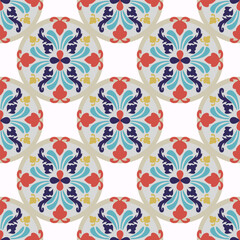 Blue and red damask seamless pattern with decorative flowers in the circle. Portuguese tile azulejo. Vector illustration. Idea for tiles, pottery, and textiles. Mediteranian style.