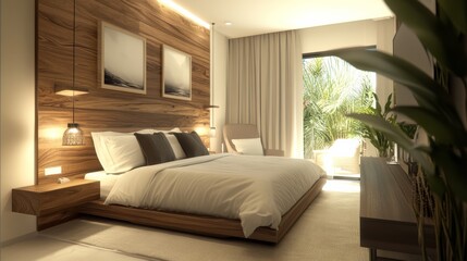 A serene, modern bedroom featuring wooden accents, soft textiles, and natural light, creating a calming and inviting atmosphere.