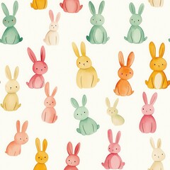 Fototapeta premium Seamless illustration of watercolor animals. A colorful pattern featuring various cute rabbits in pastel shades, creating a playful and cheerful atmosphere.