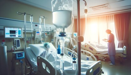 Fototapeta premium Close up medical intravenous IV drip in hospital background