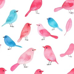 Fototapeta premium Seamless illustration of watercolor animals. A colorful pattern featuring various birds in shades of pink and blue against a white background.