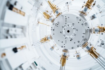 Satellite assembly in a sterile environment. Featuring specialists installing cutting-edge systems