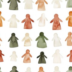 Seamless illustration of watercolor. A whimsical pattern of watercolor figures in various colors, showcasing a playful and artistic design.