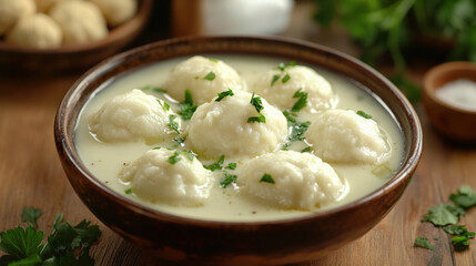 Creamy cauliflower soup served in wooden bowl, garnished with fresh herbs. This comforting dish is perfect for cozy meal, showcasing rich texture and flavor