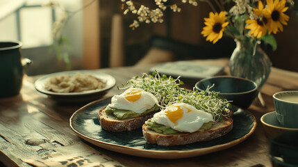 delicious breakfast flat lay featuring poached eggs on avocado toast, garnished with fresh sprouts. warm ambiance is enhanced by sunflowers and cozy setting