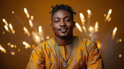 Portrait of a Smiling Man in Traditional African Clothing Against a Fireworks Background