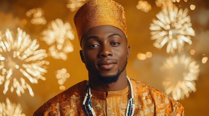 African Man in Traditional Gold Clothing Against Fireworks Background