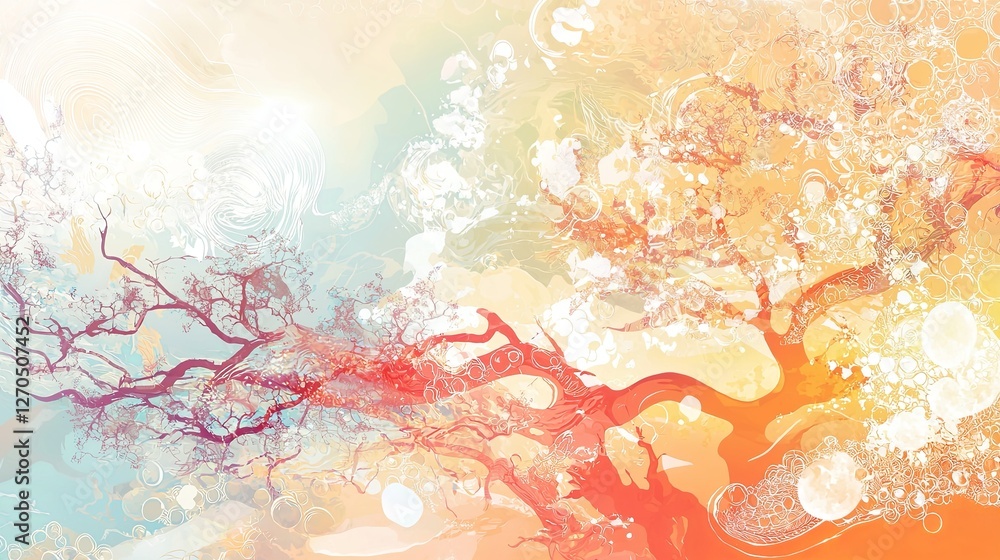 Poster abstract tree artwork with bright colors and soft background patterns