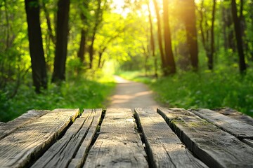 Fototapeta premium Rustic wooden table, forest path background