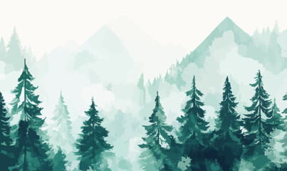 Fototapeta premium Minimalist Watercolor Pine Forest Landscape Banner with Mountains in Green
