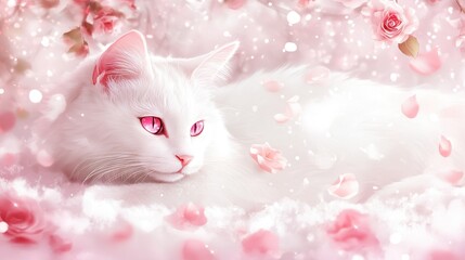 White cat resting, rose petals, snowy scene, romantic greeting card