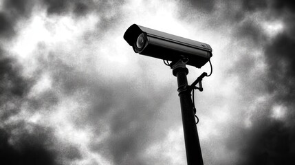 Surveillance Camera Against Dark Stormy Sky with Dramatic Clouds and Ominous Atmosphere