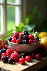 A sunlit bowl overflowing with a medley of ripe summer berries and cherries, nestled amidst a vibrant display of additional fruits on a rustic wooden surface near a bright window