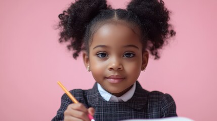 Fototapeta premium Portrait of a Cute Little Girl with Pencil, Ready to Learn