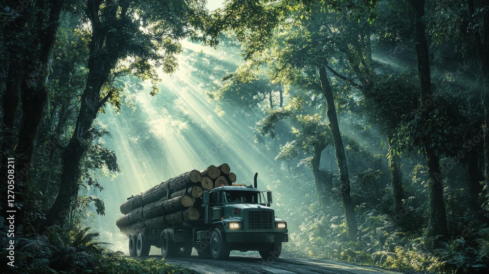 Aufkleber truck transporting logs through misty forest with sunlight rays filtering through trees