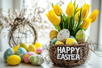 Easter basket with colorful eggs and yellow tulips on white background. AI generated image