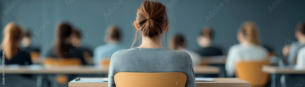 Poster student in classroom focusing on a lecture or exam.