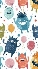 Cute Monsters Party Balloons Seamless Pattern