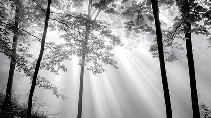 Obraz premium Sunbeams pierce through misty forest trees