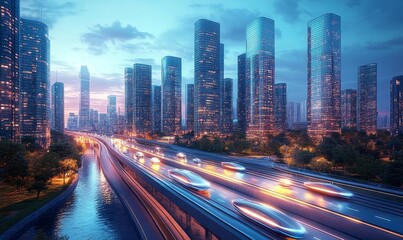Fototapeta premium bustling futuristic highway with glowing hovercars speeding past towering neon-lit skyscrapers, Generative AI