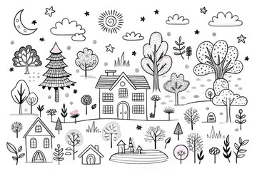 Cute hand-drawn village scene with trees, houses, and celestial elements