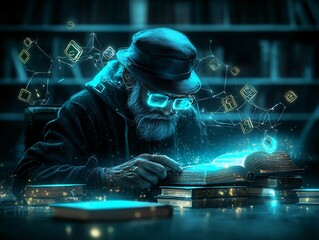 An enchanted library with floating books, glowing runes on the shelves, soft golden and blue ambient light, an old wizard reading a book that emits a soft radiant glow, fantasy magic, highly