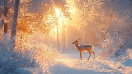 serene sunrise over a snowy forest with rays of light filtering through icy branches and a deer walking softly, Generative AI